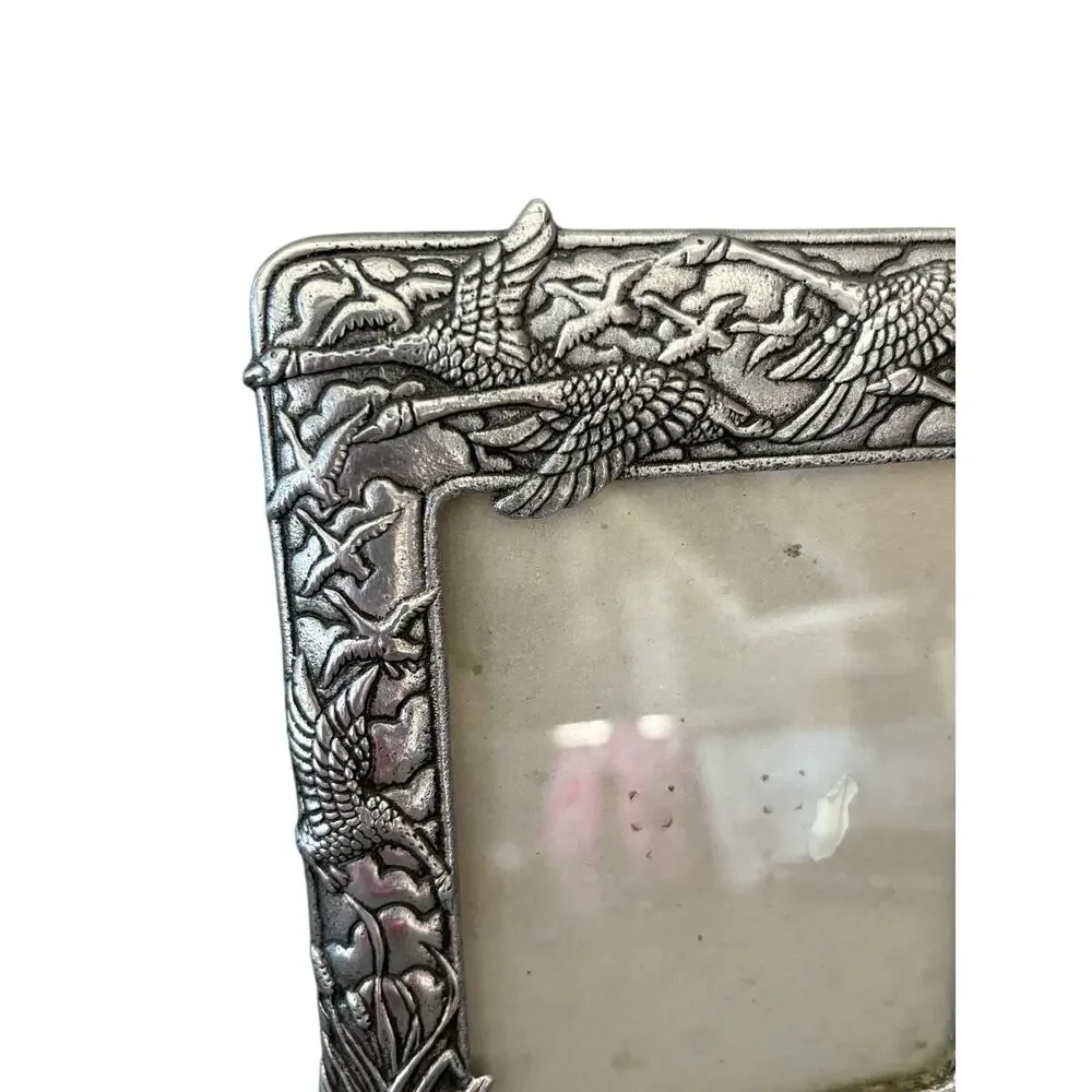 Vintage 1987 Arthur Court Geese Picture Frame: Antiqued Aluminum, 4”x5” Window